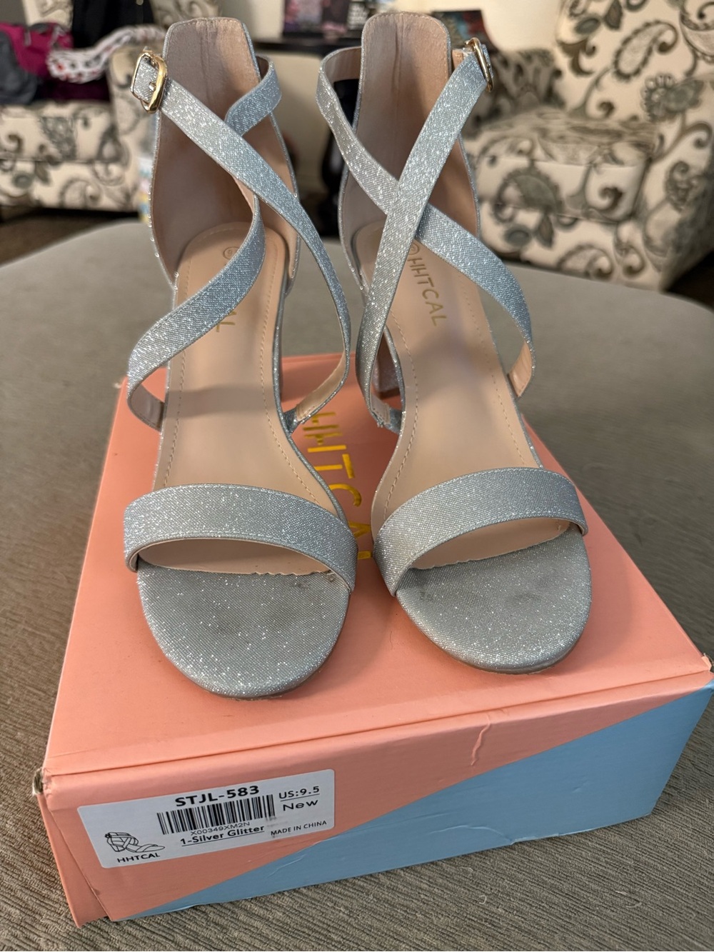 Silver Glitter Strappy Block Heel Sandals